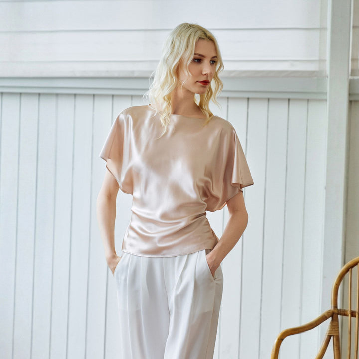 Elegant Self-Tie Batwing Sleeve Mulberry Silk Blouse Top