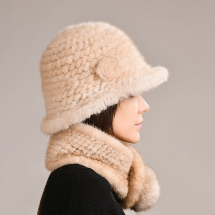 Luxury Mink Fur Hat and Scarf Set for Women Elegant Winter Bucket Hat with Matching Fur Neck Pom-Pom Warmer