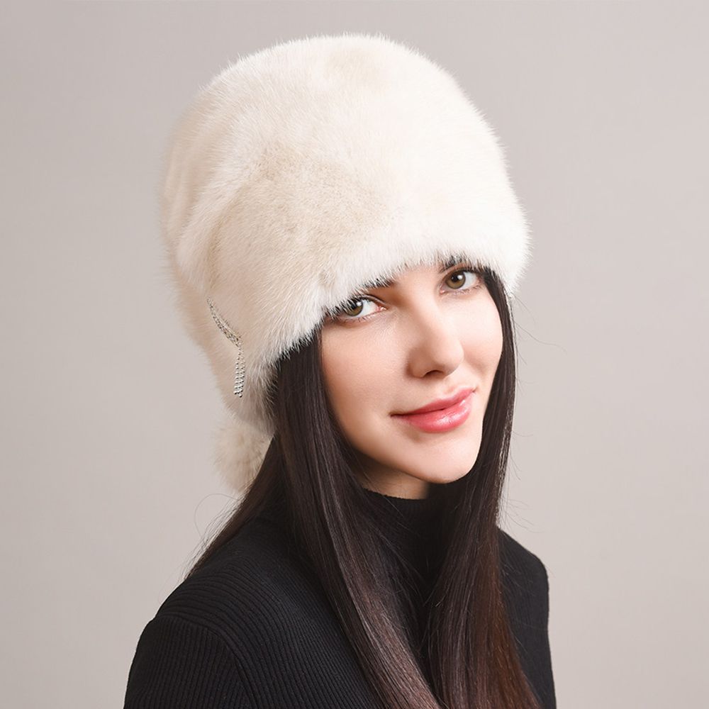 Tiger Printed Luxury Real Mink Fur Hat for Women Winter Slouchy Fur Beanie Beret Hat with Pom-Pom