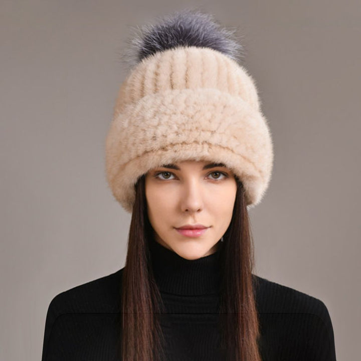 Luxury Real Mink Fur Beanie Hat with Fox Fur Pom-Pom Elegant Winter Knitted Hat for Women
