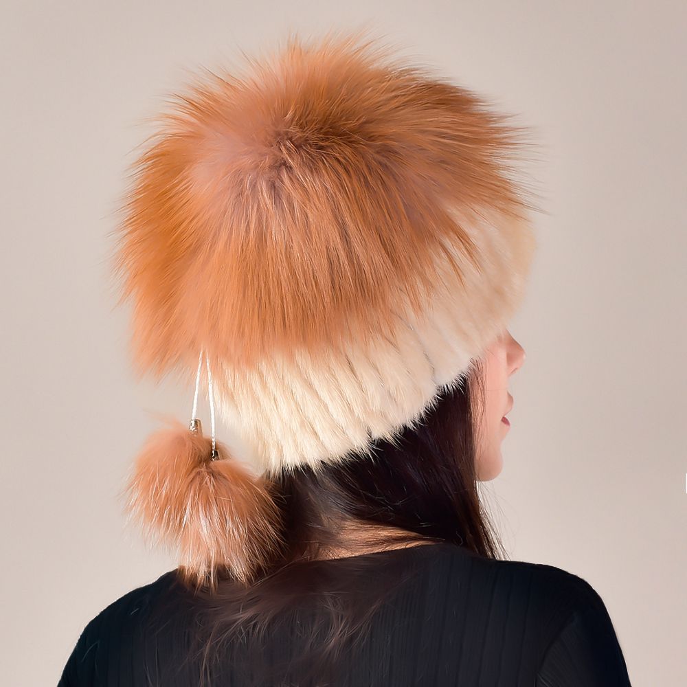 Mink Fur Knitted Winter Hat for Women with Multi-Colored Fluffy Fox Fur Crown and Pom-Poms