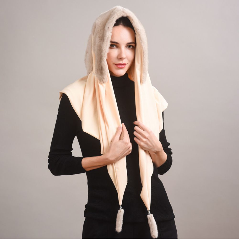 Luxury Real Mink Fur Hooded Hat with Scarf Elegant Winter Fur Hood for Women