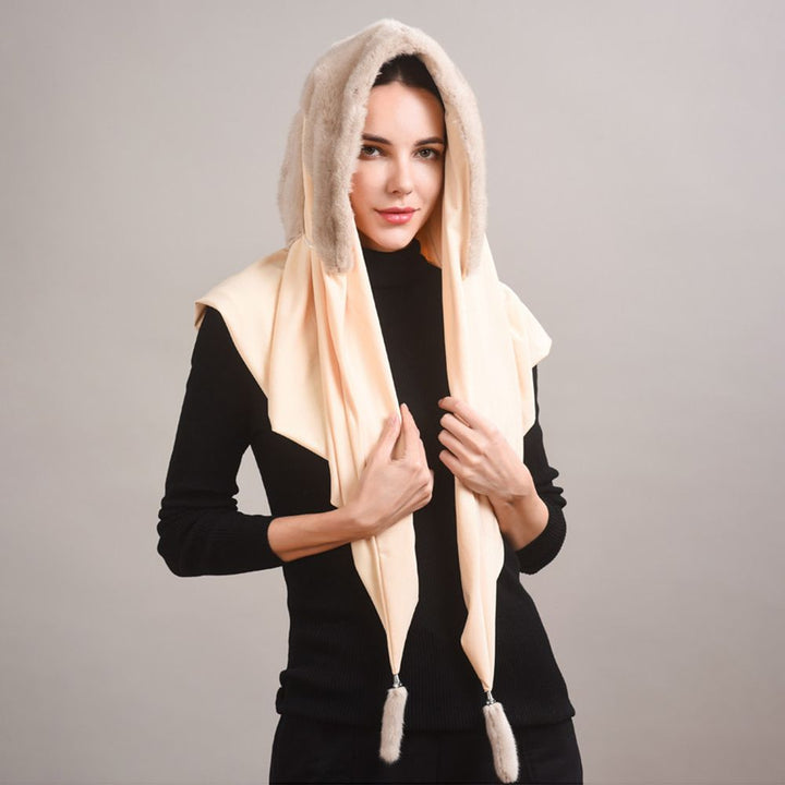 Luxury Real Mink Fur Hooded Hat with Scarf Elegant Winter Fur Hood for Women