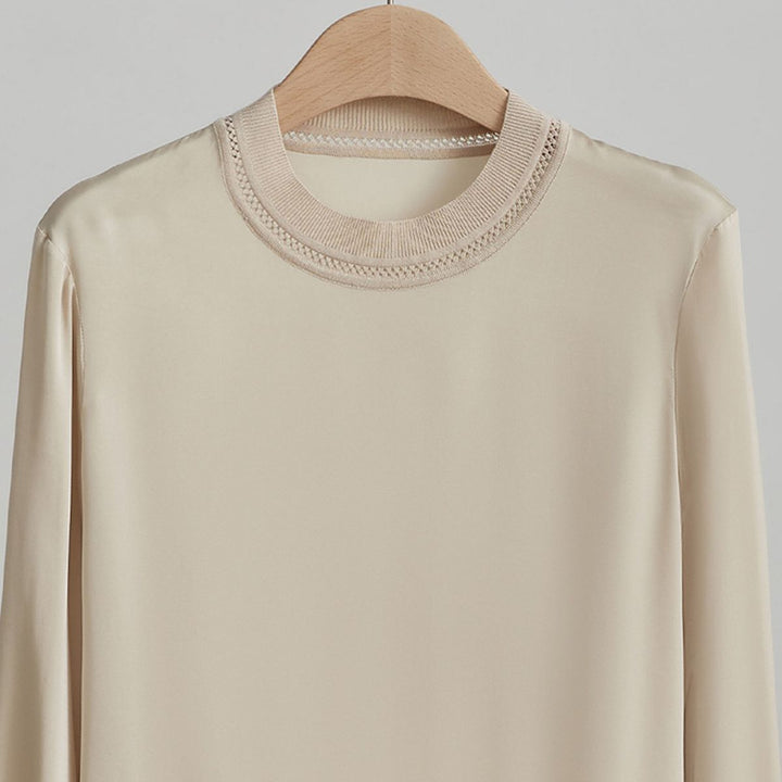 Women’s Long Sleeve Ribbed Crew Neck Mulberry Silk Blouse