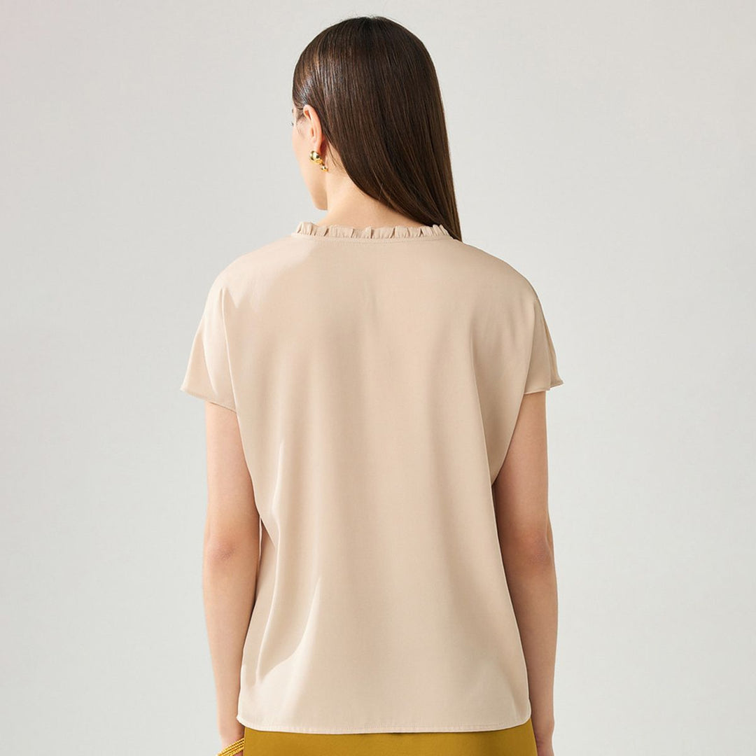 22 Momme Ruffled Stand Collar Women's Short Sleeve Mulberry Silk Shirt