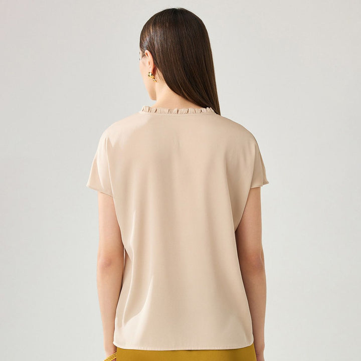 22 Momme Ruffled Stand Collar Women's Short Sleeve Mulberry Silk Shirt