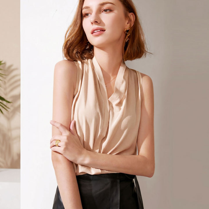 Women’s Sleeveless Draped V-Neck Mulberry Silk Blouse Top