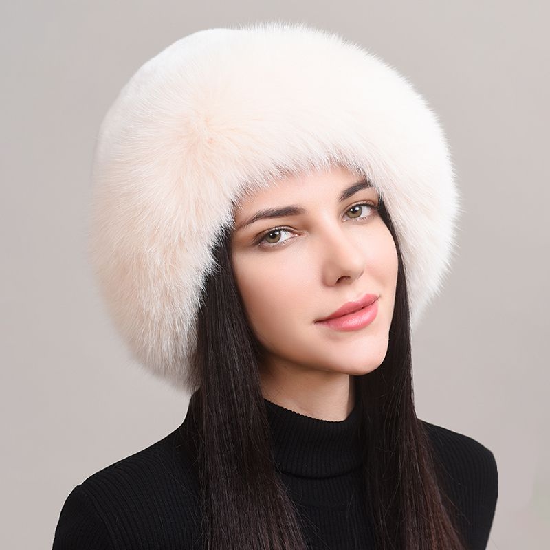 Rabbit Fur Hat with Full Fox Fur Brim Soft Winter Cold Wheather Bucket Hat for Women