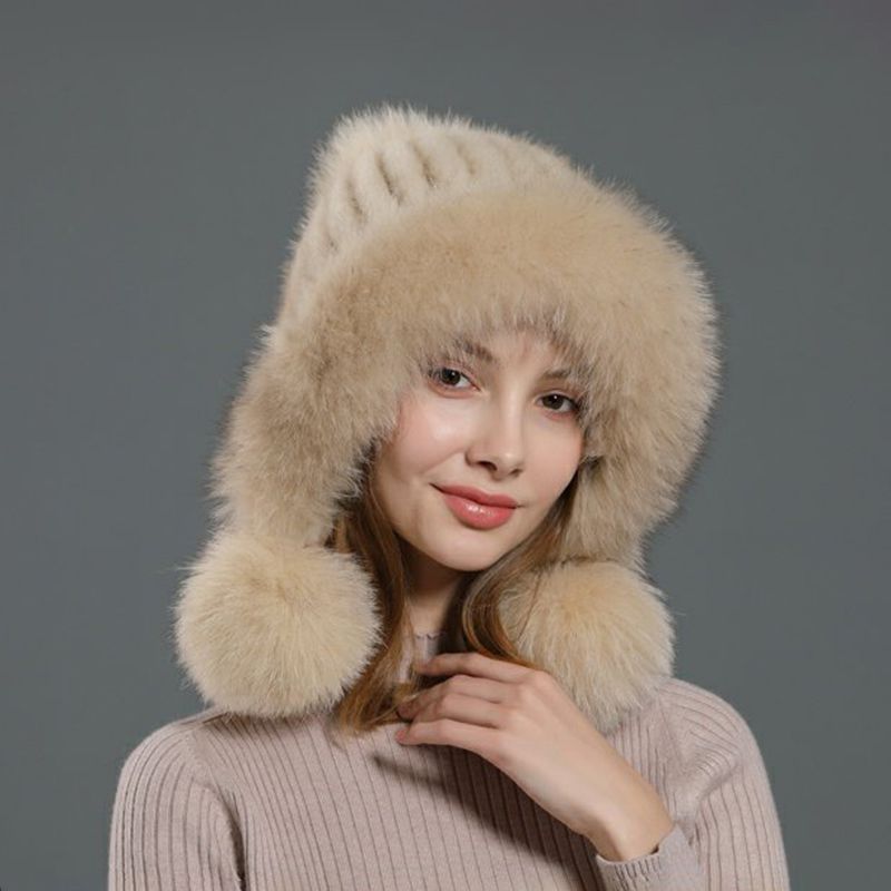Luxury Real Mink Fur Hat with Fox Fur Trim Women Winter Knit Beanie with Pom-Pom Ear Flaps