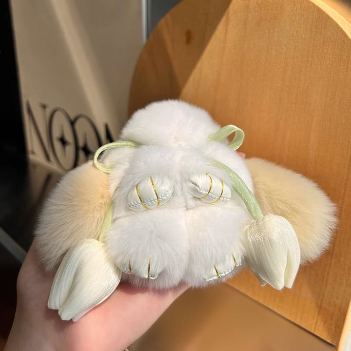 Cute Bunny Rabbit Fur Keychain with Tulip Charm Soft Plush Rabbit Bag Charm Key Ring Accessory
