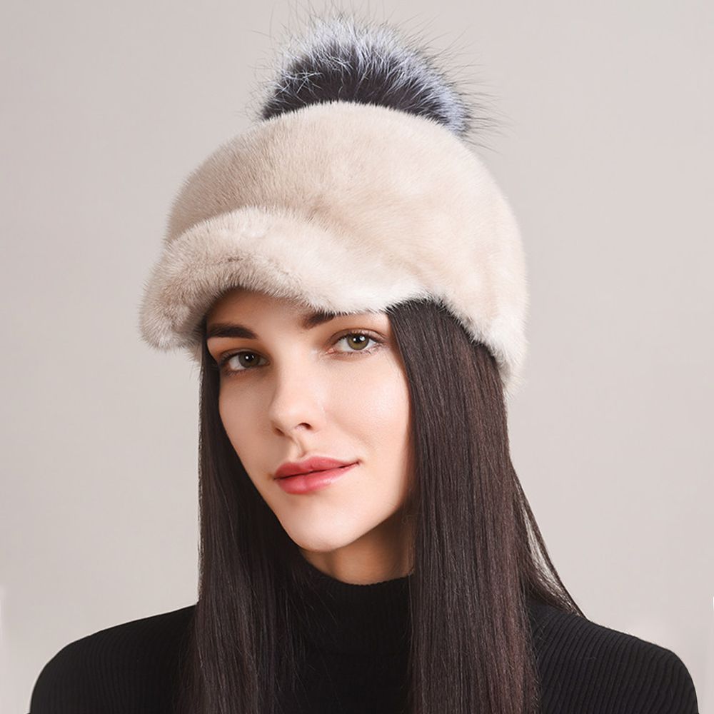 Real Mink Fur Hat with Fox Fur Pom-Pom Women's Luxury Winter Fur Baseball-Style Cap for Cold Weather