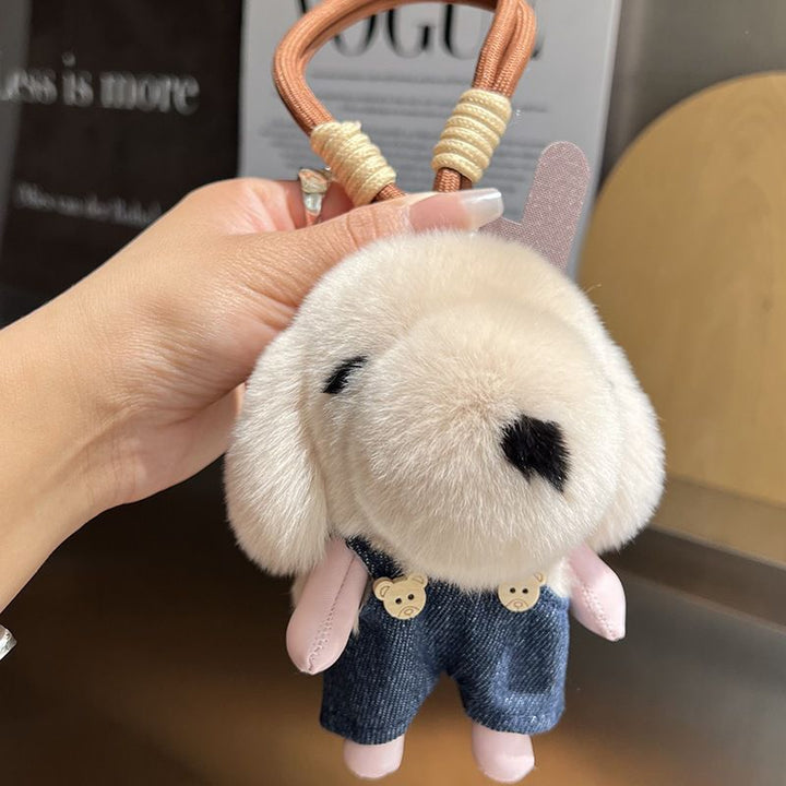 Cute Plush Puppy Fur Bag Charm Soft Real Rabbit Fur Furry Dog Keychain