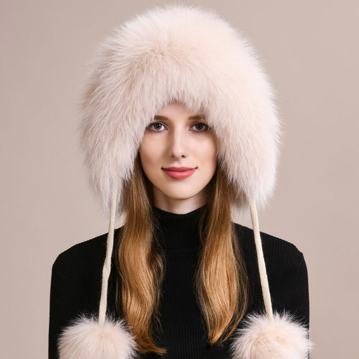 Luxury Real Fox Fur Pom Pom Hat Women Winter Knitted Trapper Hat with Full Fur Trim