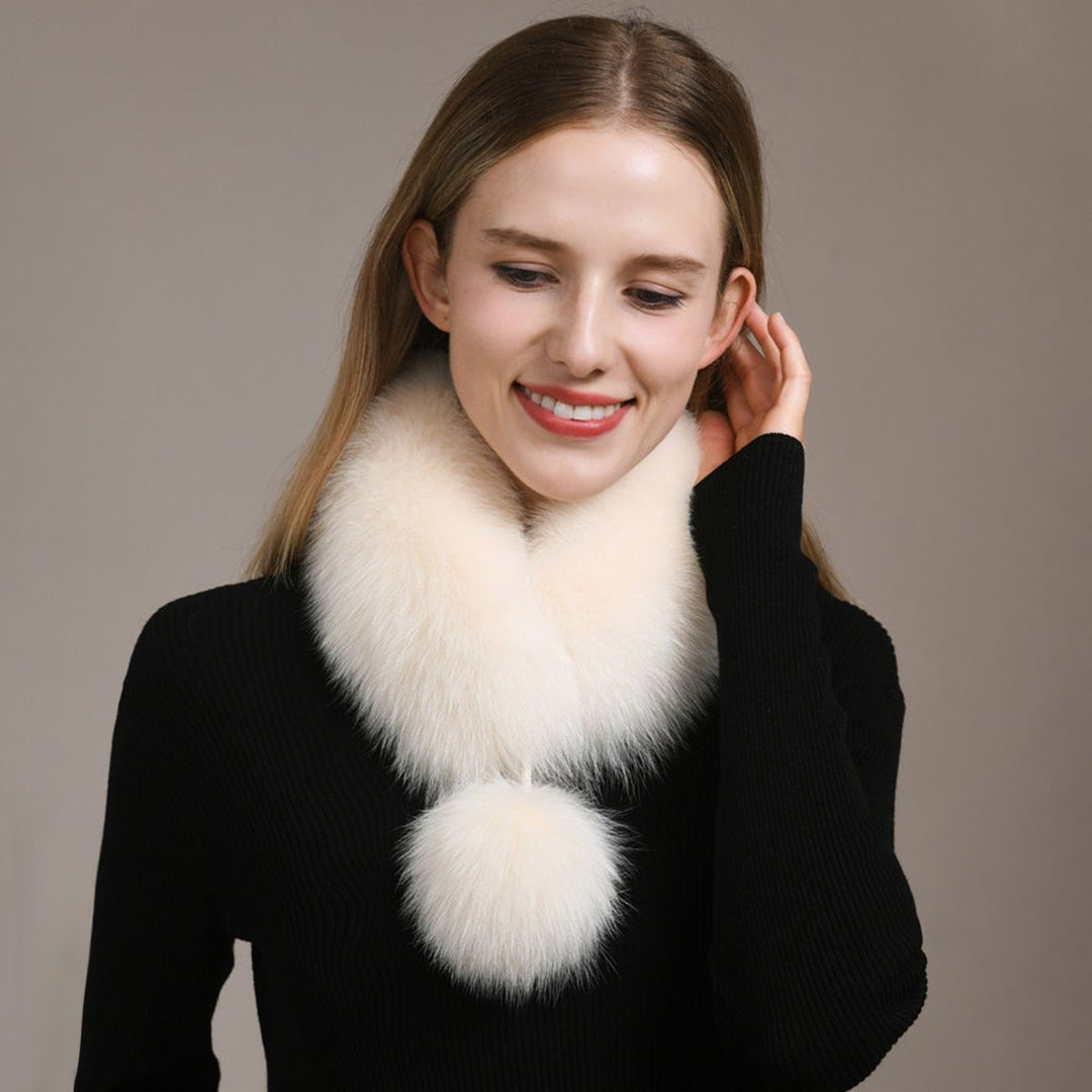 Women’s Real Fox Fur Scarf with Pom-Pom Genuine Fur Collar Neck Warmer