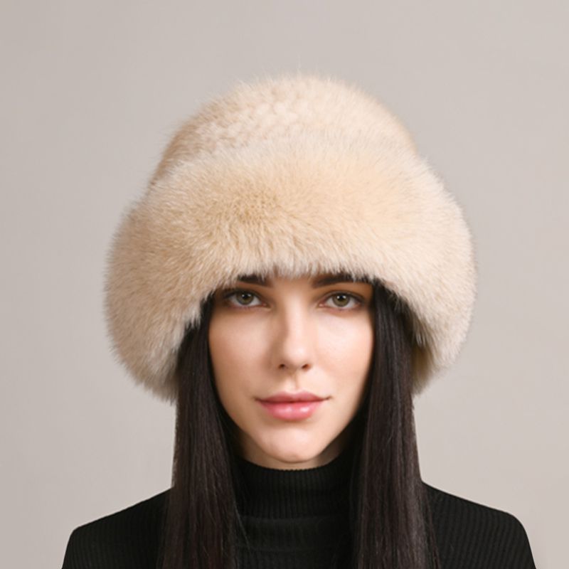 Luxury Mink Fur Hat for Women Full Fox Fur Brim Winter Bucket Hat