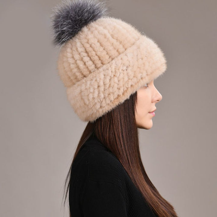 Luxury Real Mink Fur Beanie Hat with Fox Fur Pom-Pom Elegant Winter Knitted Hat for Women