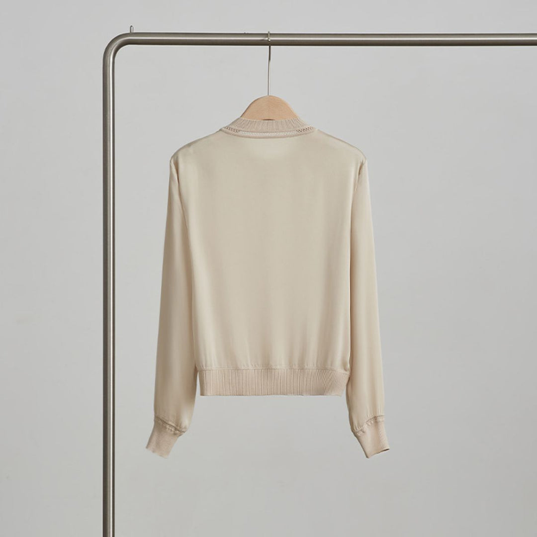 Women’s Long Sleeve Ribbed Crew Neck Mulberry Silk Blouse