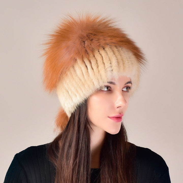 Mink Fur Knitted Winter Hat for Women with Multi-Colored Fluffy Fox Fur Crown and Pom-Poms