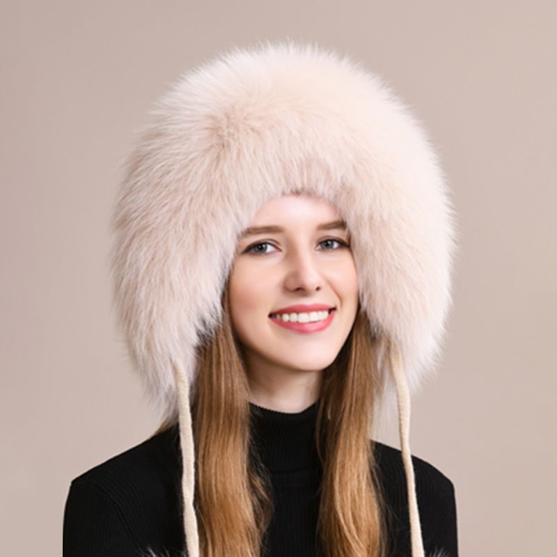 Luxury Real Fox Fur Pom Pom Hat Women Winter Knitted Trapper Hat with Full Fur Trim