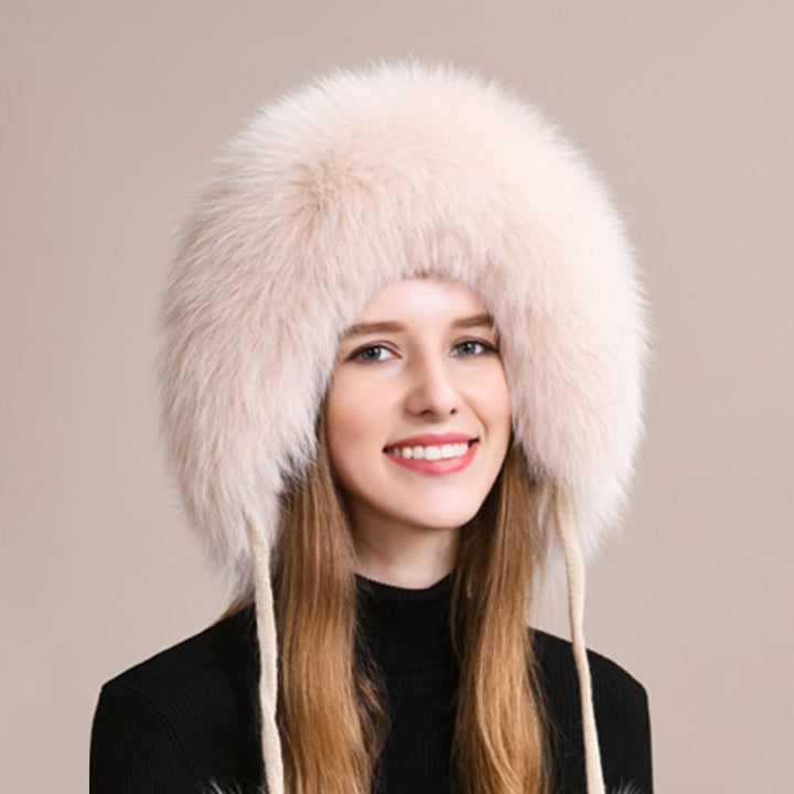 Luxury Real Fox Fur Pom Pom Hat Women Winter Knitted Trapper Hat with Full Fur Trim