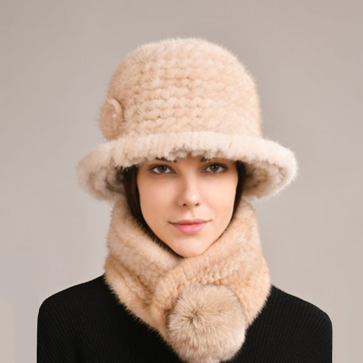 Luxury Mink Fur Hat and Scarf Set for Women Elegant Winter Bucket Hat with Matching Fur Neck Pom-Pom Warmer