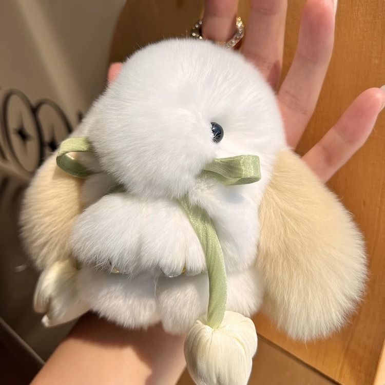 Cute Bunny Rabbit Fur Keychain with Tulip Charm Soft Plush Rabbit Bag Charm Key Ring Accessory
