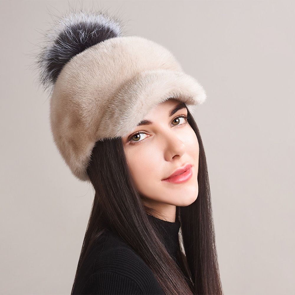 Real Mink Fur Hat with Fox Fur Pom-Pom Women's Luxury Winter Fur Baseball-Style Cap for Cold Weather
