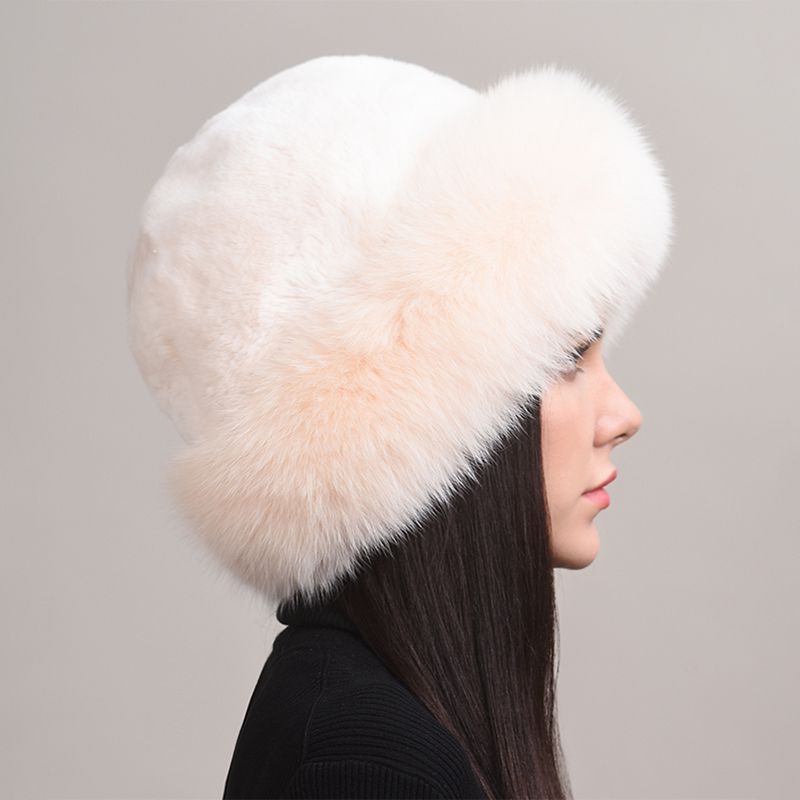 Rabbit Fur Hat with Full Fox Fur Brim Soft Winter Cold Wheather Bucket Hat for Women