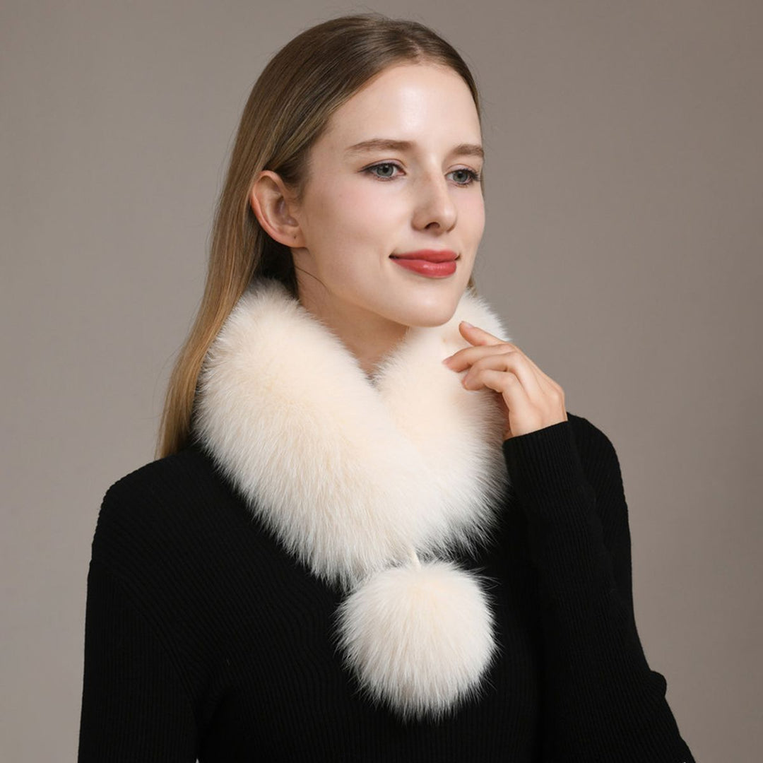 Women’s Real Fox Fur Scarf with Pom-Pom Genuine Fur Collar Neck Warmer