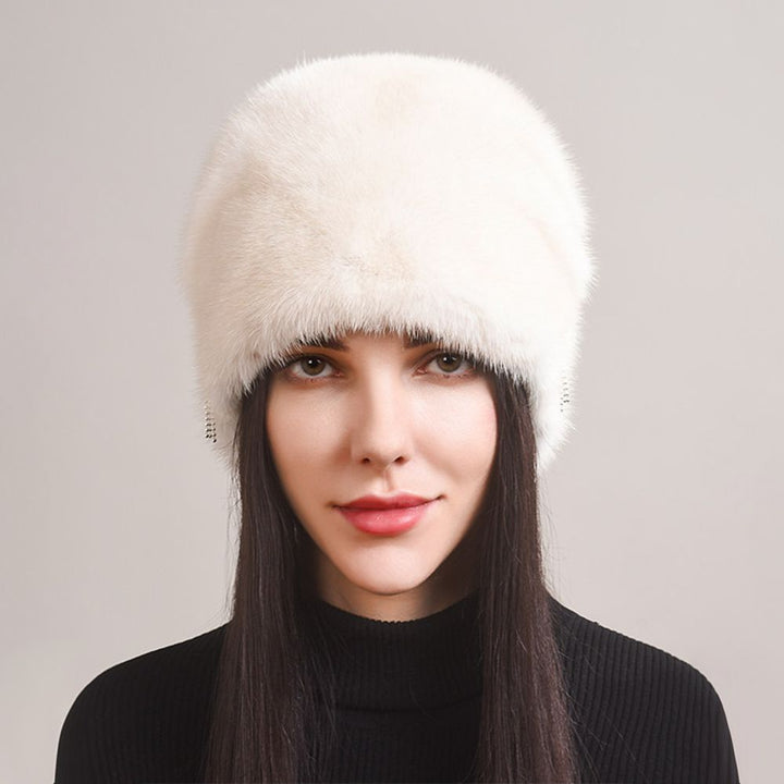 Tiger Printed Luxury Real Mink Fur Hat for Women Winter Slouchy Fur Beanie Beret Hat with Pom-Pom