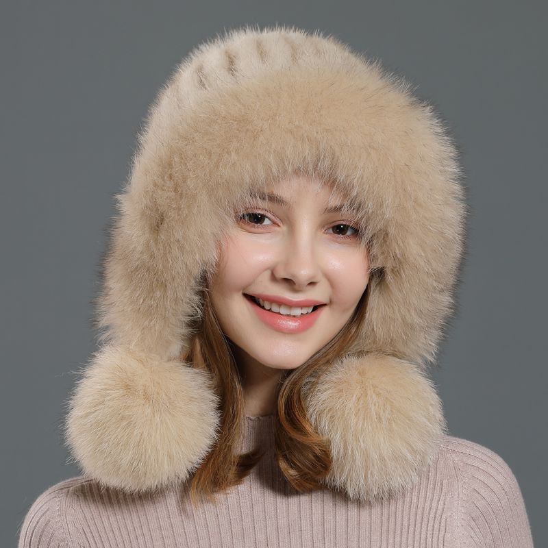 Luxury Real Mink Fur Hat with Fox Fur Trim Women Winter Knit Beanie with Pom-Pom Ear Flaps