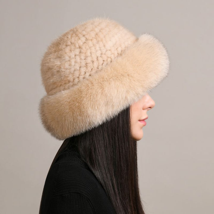 Luxury Mink Fur Hat for Women Full Fox Fur Brim Winter Bucket Hat