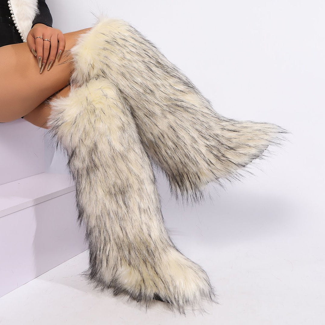Womens Faux Fur Boot Winter Fluffy Long Furry Boots for Girls Outdoor Fuzzy Knee-High Boots