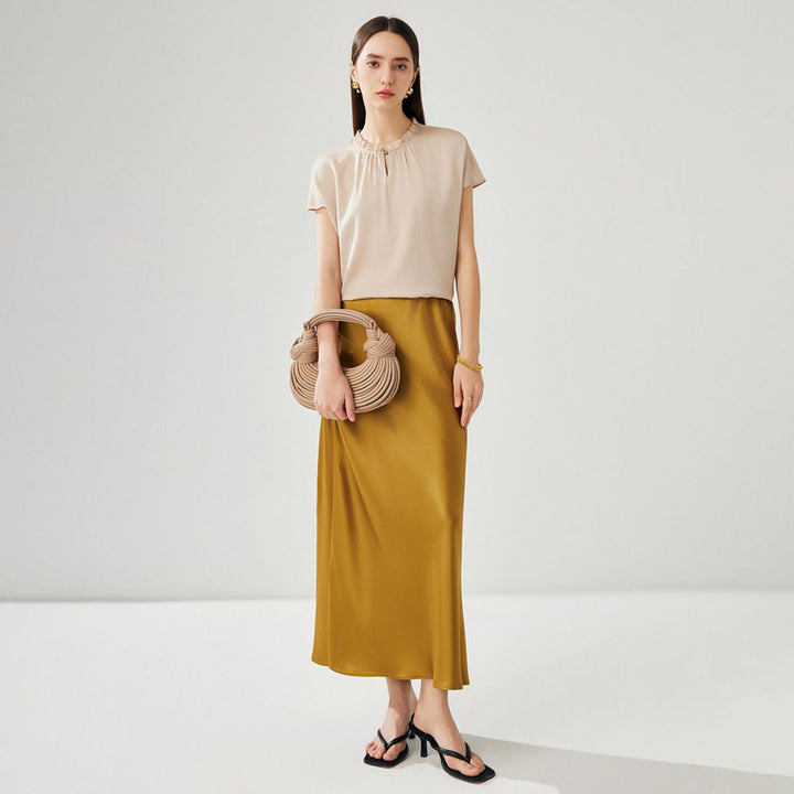 22 Momme Ruffled Stand Collar Women's Short Sleeve Mulberry Silk Shirt