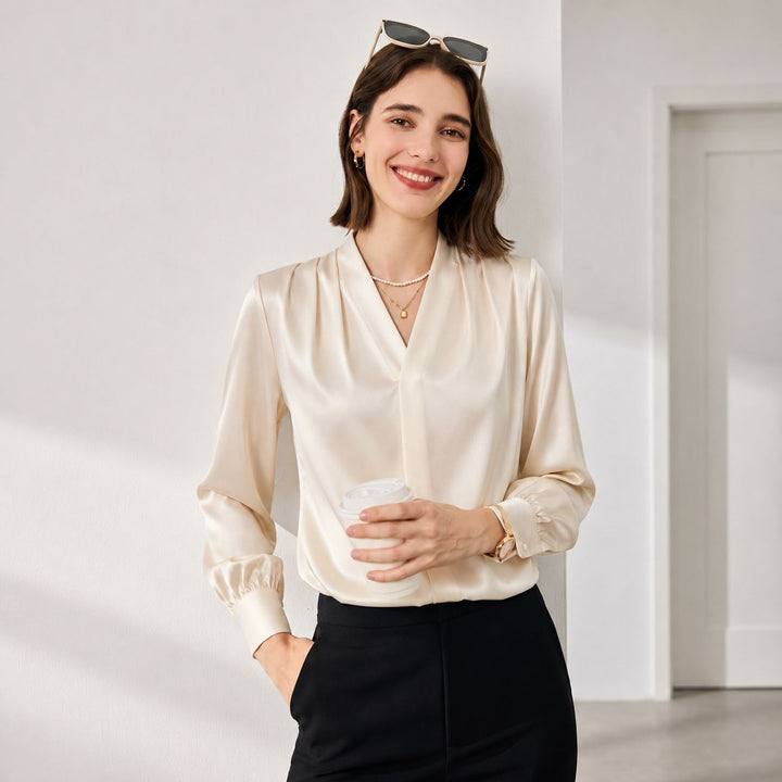 22 Momme Women's V-Neck Draped Front Long Sleeve Silk Blouse