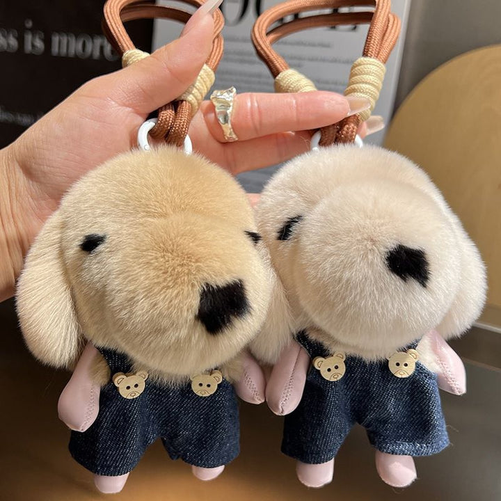 Cute Plush Puppy Fur Bag Charm Soft Real Rabbit Fur Furry Dog Keychain