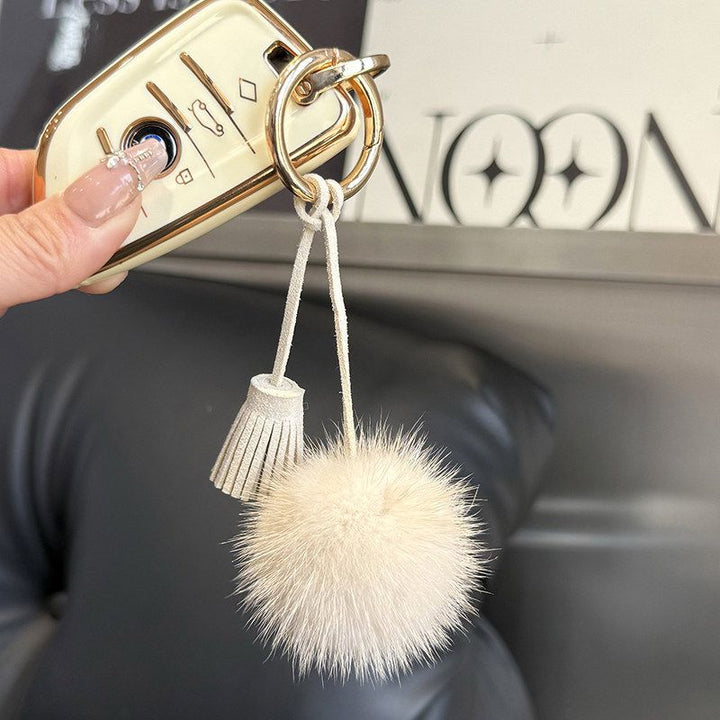 Real Mink Fur Pom Pom Tassel Keychain Fluffy Bag Charm Leather Key Ring