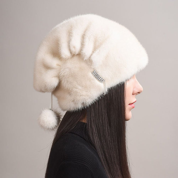 Tiger Printed Luxury Real Mink Fur Hat for Women Winter Slouchy Fur Beanie Beret Hat with Pom-Pom
