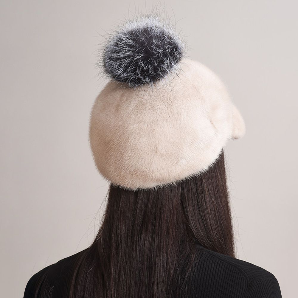 Real Mink Fur Hat with Fox Fur Pom-Pom Women's Luxury Winter Fur Baseball-Style Cap for Cold Weather
