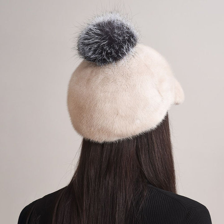 Real Mink Fur Hat with Fox Fur Pom-Pom Women's Luxury Winter Fur Baseball-Style Cap for Cold Weather