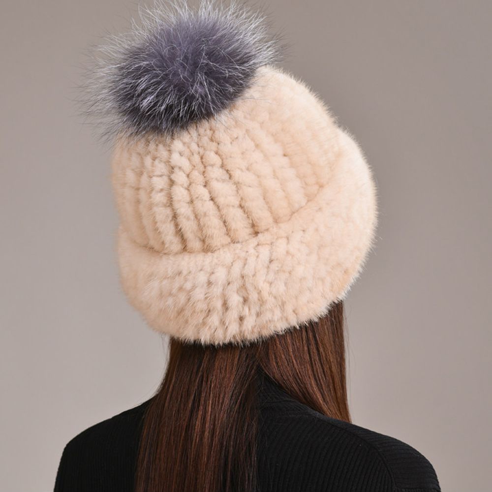 Luxury Real Mink Fur Beanie Hat with Fox Fur Pom-Pom Elegant Winter Knitted Hat for Women