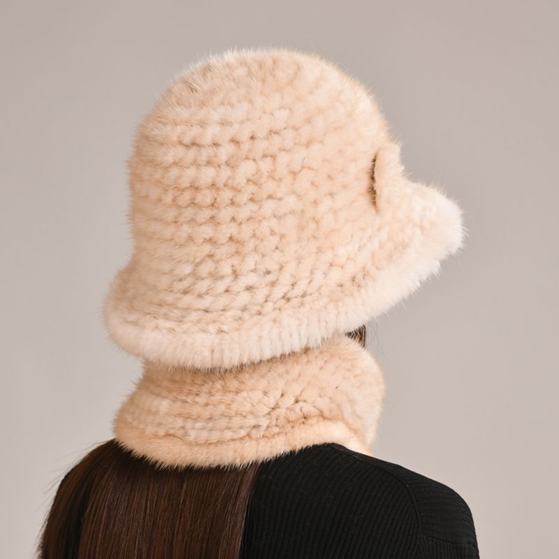 Luxury Mink Fur Hat and Scarf Set for Women Elegant Winter Bucket Hat with Matching Fur Neck Pom-Pom Warmer