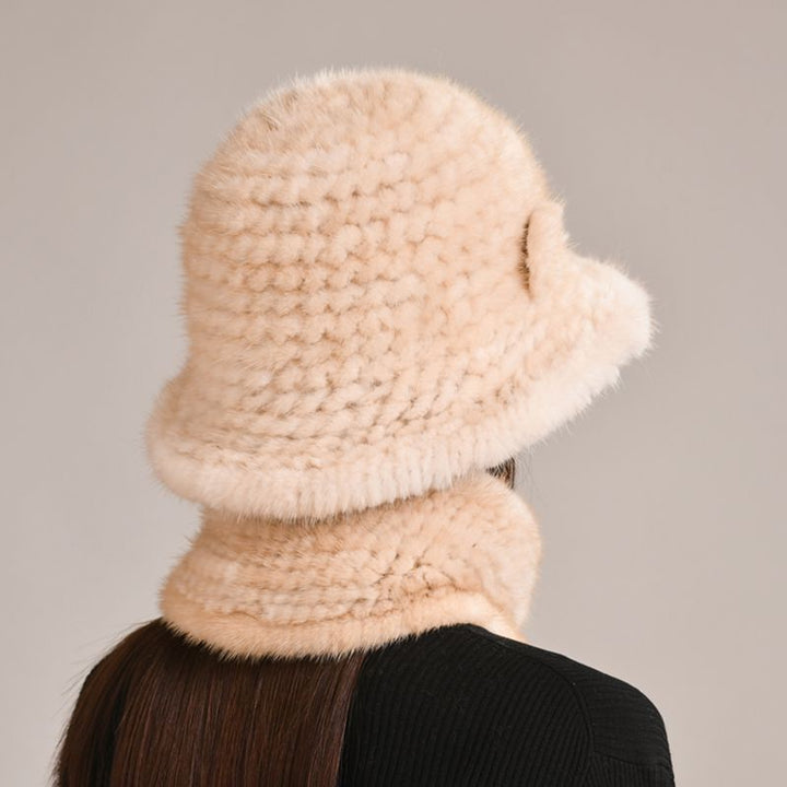 Luxury Mink Fur Hat and Scarf Set for Women Elegant Winter Bucket Hat with Matching Fur Neck Pom-Pom Warmer