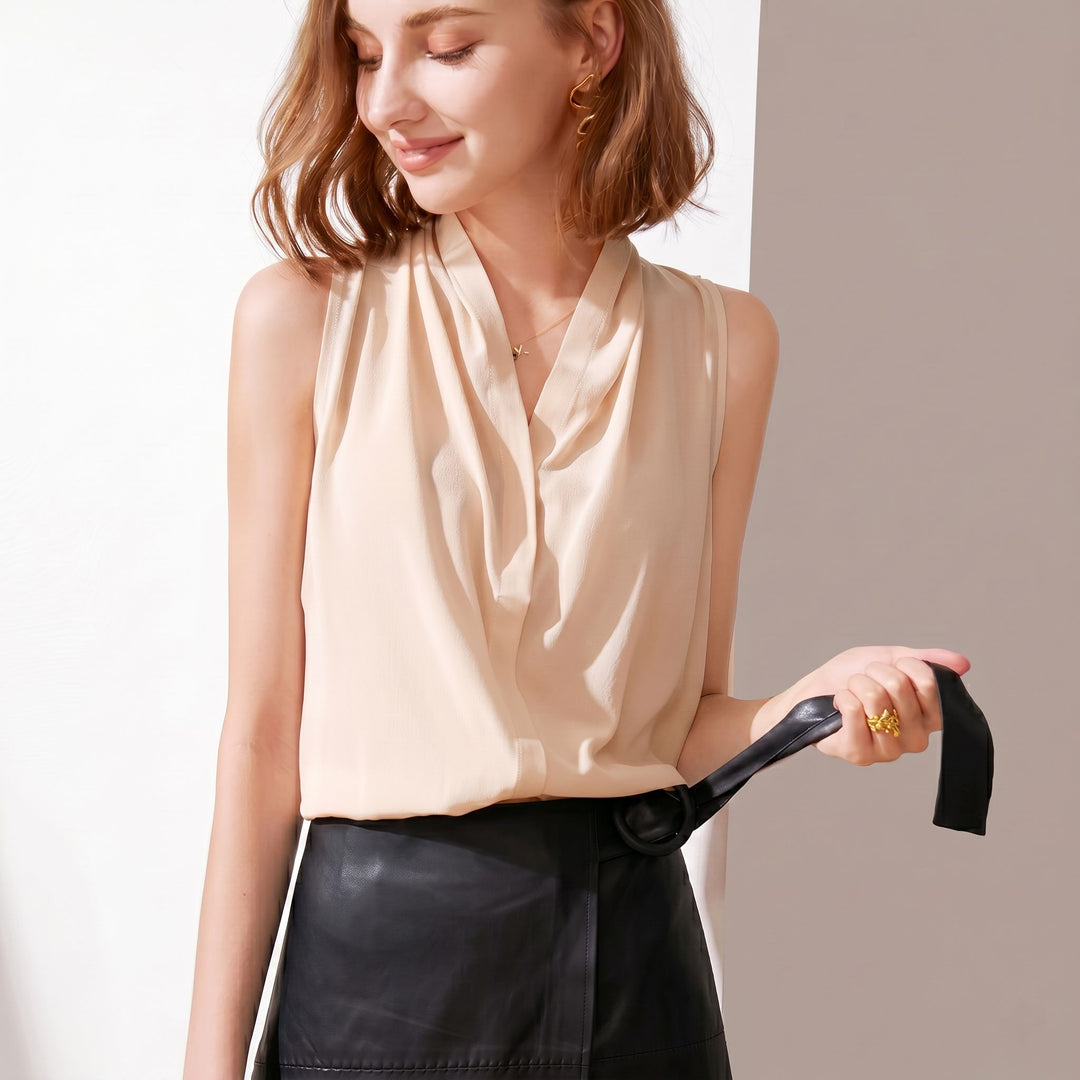 Women’s Sleeveless Draped V-Neck Mulberry Silk Blouse Top