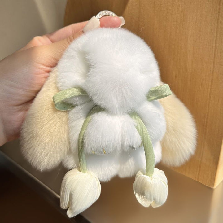 Cute Bunny Rabbit Fur Keychain with Tulip Charm Soft Plush Rabbit Bag Charm Key Ring Accessory