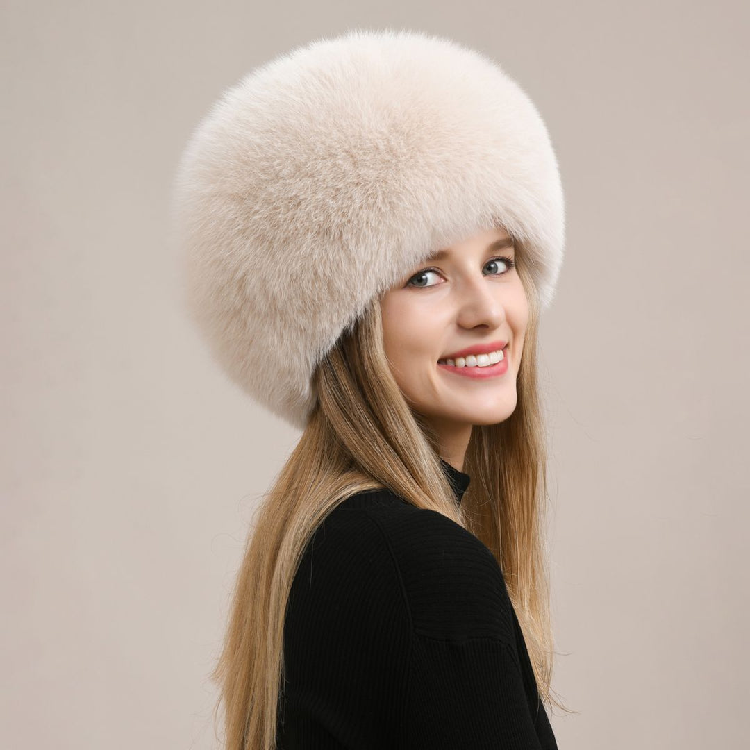 Womens Luxury Fox Fur Russian Hat Thickened Full-Pelt Winter Round Fur Hat