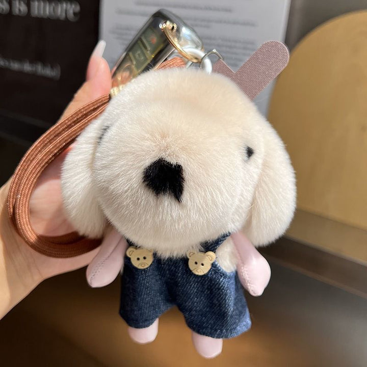 Cute Plush Puppy Fur Bag Charm Soft Real Rabbit Fur Furry Dog Keychain
