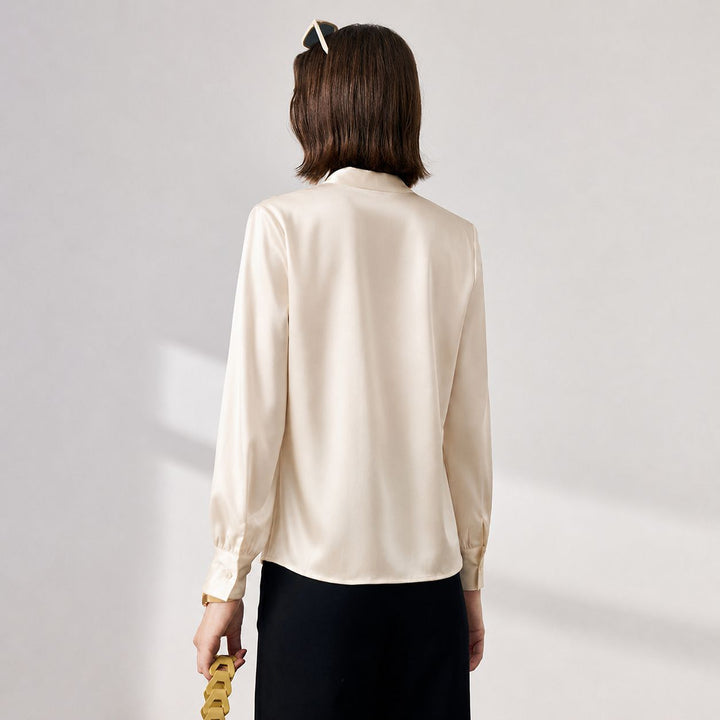 22 Momme Women's V-Neck Draped Front Long Sleeve Silk Blouse