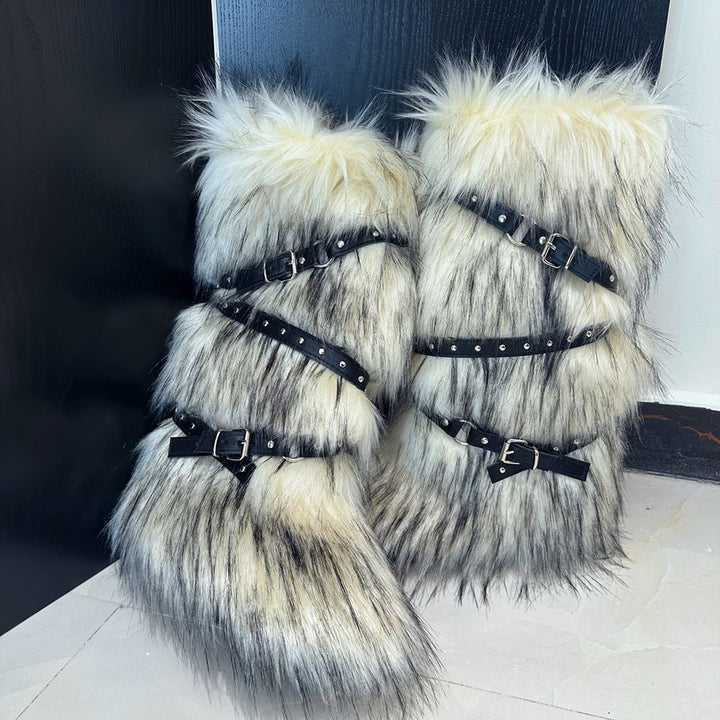 Womens Faux Fur Boot Winter Fluffy Long Furry Boots for Girls Outdoor Fuzzy Knee-High Sexy Snow Boots with Cross Straps and Buckle