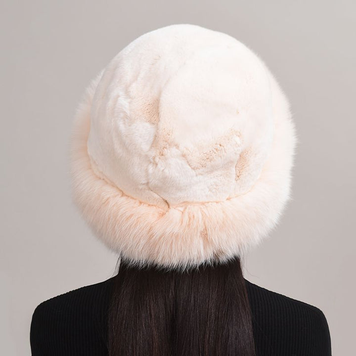 Rabbit Fur Hat with Full Fox Fur Brim Soft Winter Cold Wheather Bucket Hat for Women